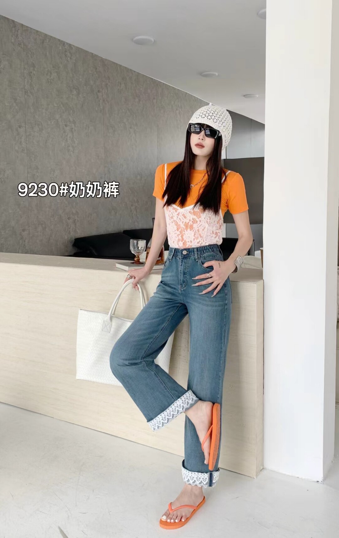 纳百牛仔裤女2025夏季新款休闲蕾丝裤脚小个子直筒九分阔腿裤9230