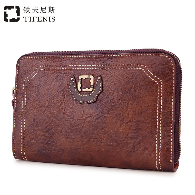 铁夫尼斯头层牛皮手拿包男手包真皮大开口全拉链手抓包复古双色皮