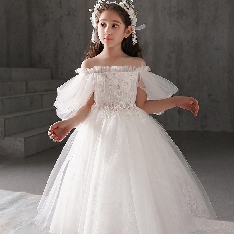 儿童礼服公主裙花童白色婚纱一字肩蓬蓬纱裙小女孩钢琴演出连衣裙