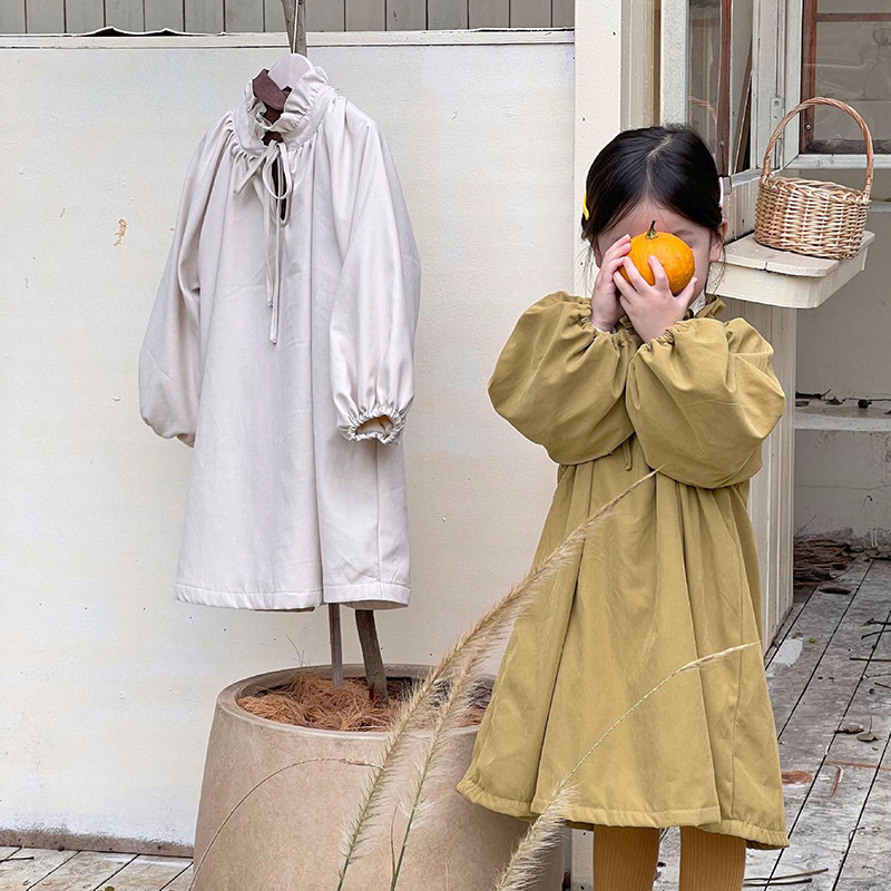 西尤高端女童宝宝灯笼袖森系纯棉韩版春夏纯色外套设计师连衣裙