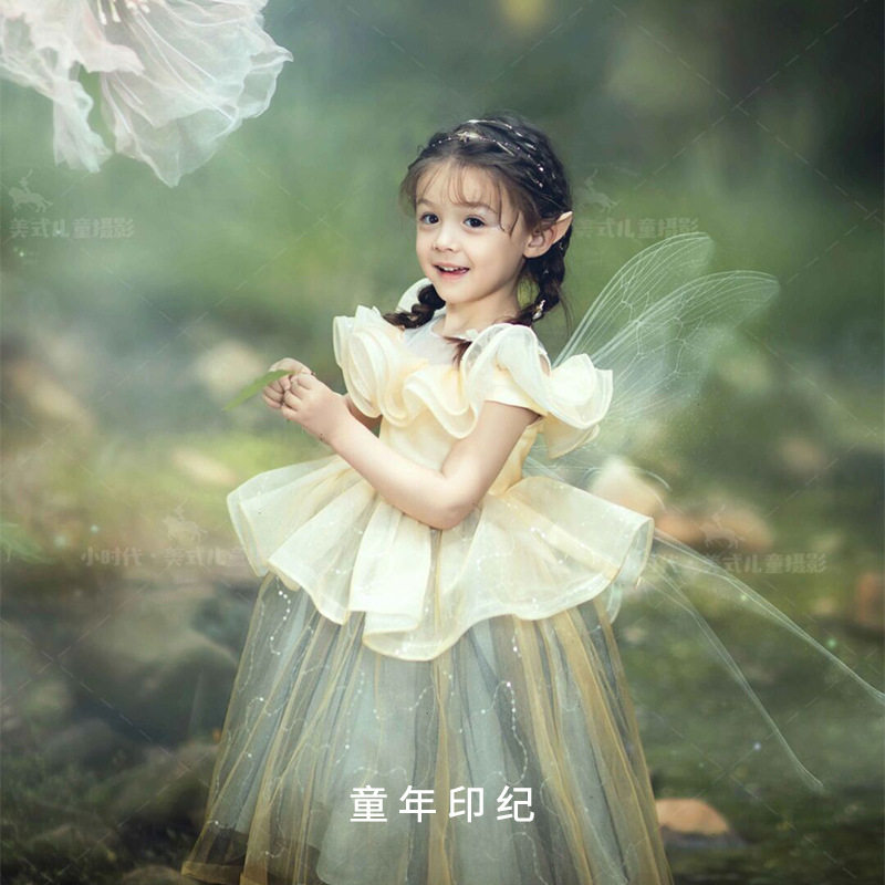 高端女童新款趣味影楼模特走秀主持演出服短袖精灵翅膀公主连衣裙