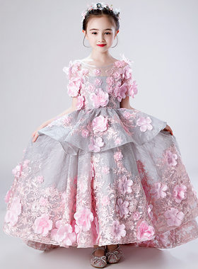 西尤2023新品粉色3d立体花朵儿童婚纱蓬蓬裙走秀公主裙手工连衣裙