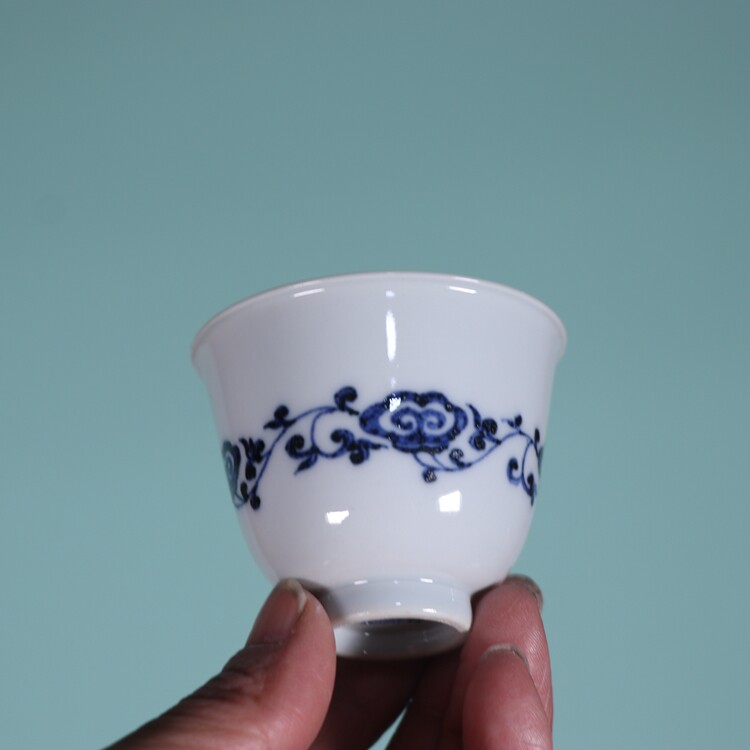 复古明式青花手绘灵芝纹铃铛杯景德镇古董古玩陶瓷器仿古老收藏品