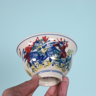 红旗瓷厂黄稀土釉下五彩刀马人物压手杯景德镇陶瓷器古玩董收藏品