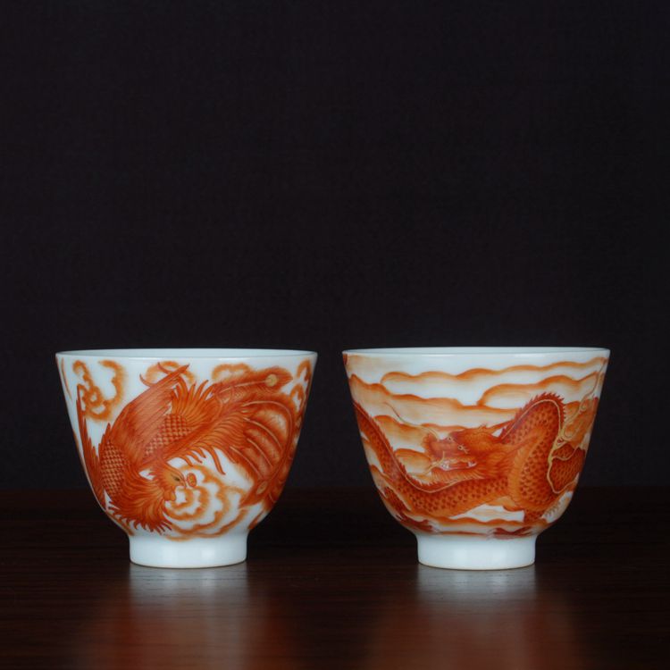 复古清同治粉彩矾红手绘龙凤茶杯单杯古玩古董陶瓷器手工仿古茶具