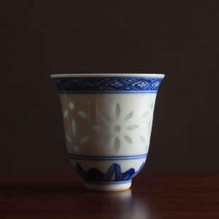 手工青花玲珑瓷米通手绘茶杯主人杯古玩古董陶瓷器仿古收藏品茶具