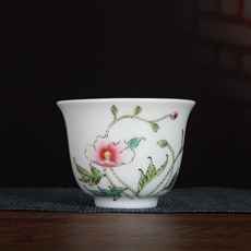чашка 仿古乾隆粉彩手绘虞美人花卉茶杯主人杯景德镇古玩陶瓷器收藏品