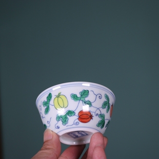 复古成化青花手绘斗彩瓜瓞绵绵缸杯茶杯景德镇仿古玩董陶瓷器茶具