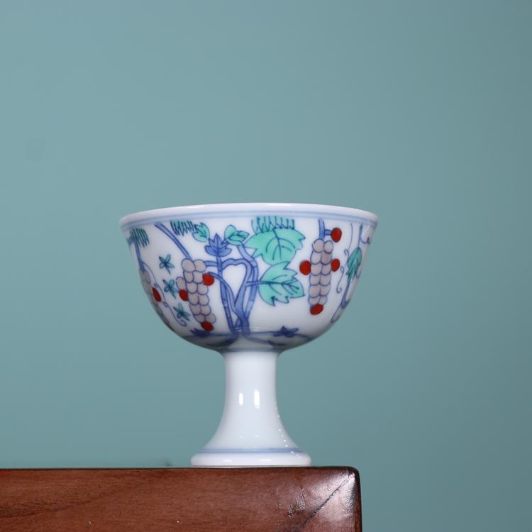 成化青花斗彩手绘葡萄高足杯茶杯酒杯景德镇古玩古董陶瓷器手工具
