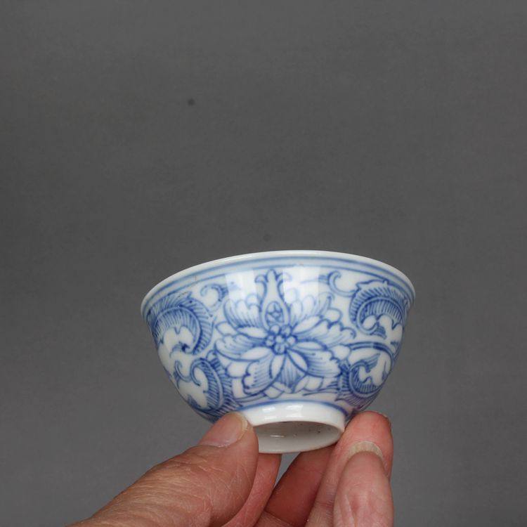 复古同治青花手绘缠枝莲小茶杯 景德镇古玩古董陶瓷器手工茶具