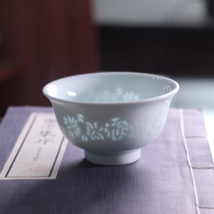 白釉手工玲珑福字压手杯图片