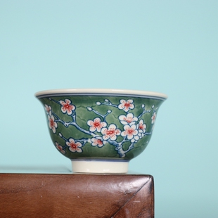 红旗瓷厂黄稀土釉下青花五彩绿冰梅压手杯景德镇陶瓷器古玩董收藏