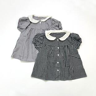 女童宝宝夏季 文艺小方格 小翻领短袖 衬衫 上衣 日单 娃娃衫 福利款