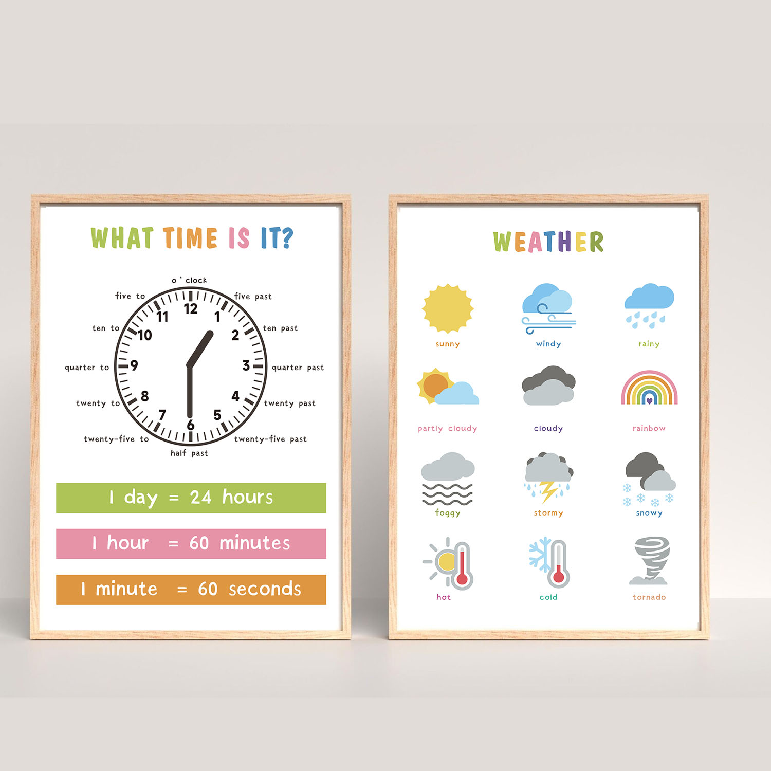 ins儿童英语时钟天气认知海报