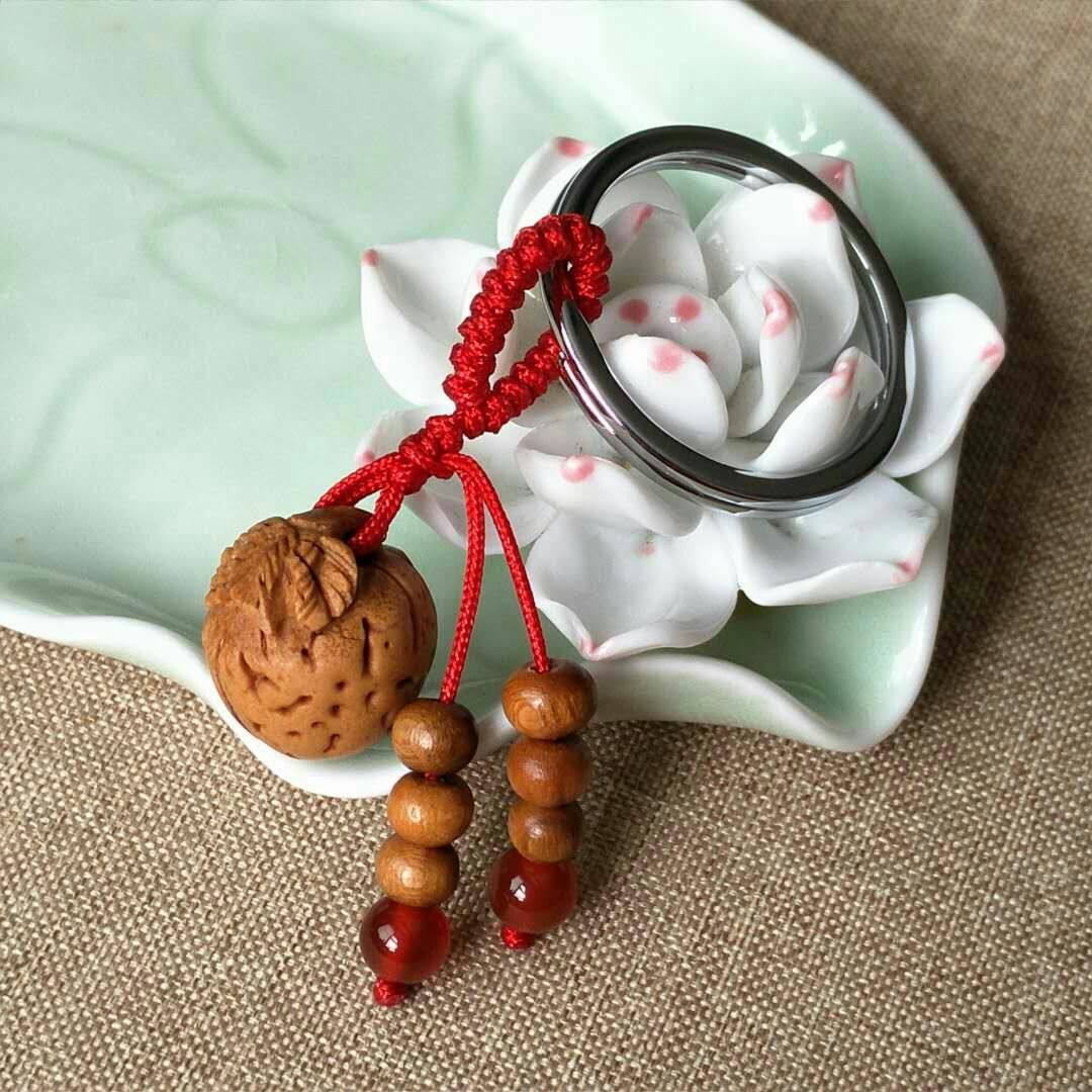 桃木车钥匙扣挂件 桃核平安苹果不锈钢环圈 创意礼品压惊手工编织