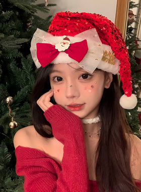 【蜜桃茶】Merry Christmas~红色蝴蝶结圣诞帽成人装扮帽子头饰女
