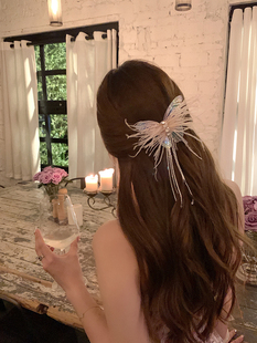 气质后脑勺鸭嘴夹头饰 超仙蝴蝶羽毛流苏发夹女2024新款 蜜桃茶