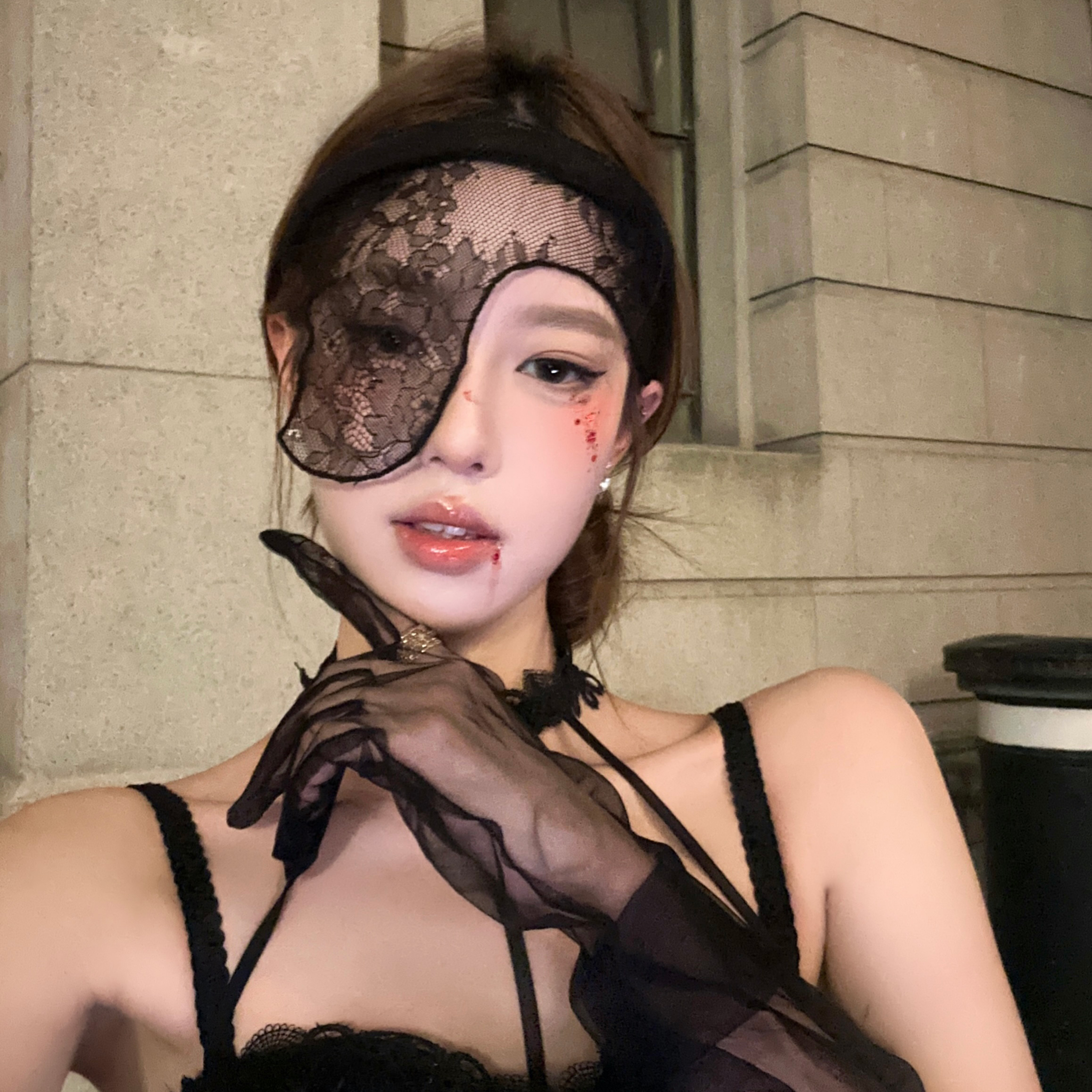 易梦玲万圣节黑色蕾丝面纱发箍