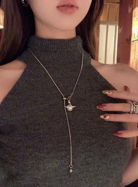 peachtea土星吊坠毛衣链