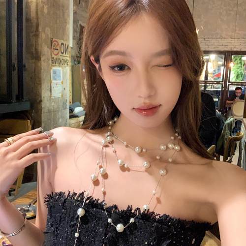 赫本千金香槟金多层珍珠项链