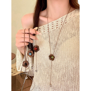 【蜜桃茶】中古花筏 复古文艺风木质小花串珠女长款挂脖项链配饰