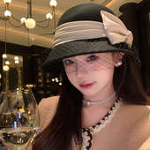 礼帽黑色秋冬渔夫帽子 赫本风蝴蝶结网纱法式 蜜桃茶 矜贵千金