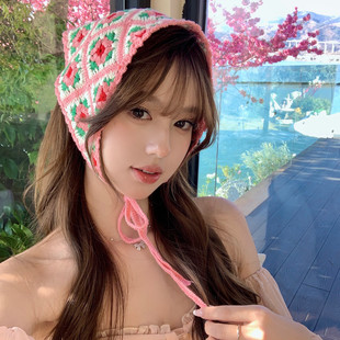 多巴胺田园风花朵三角巾头巾女包头出游拍照 假日花园 蜜桃茶