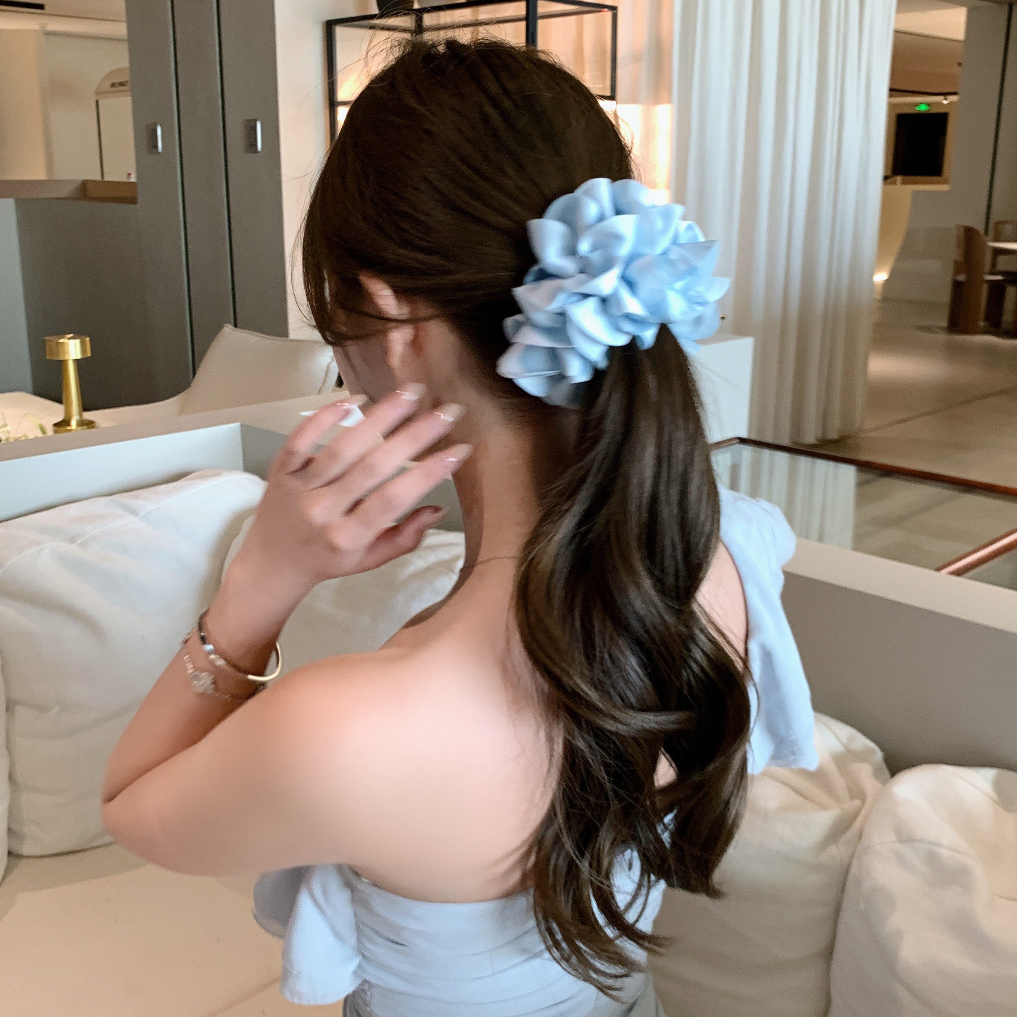 【蜜桃茶】巨好看~蓝色多层花瓣大肠发圈女超仙夏日海边头花发饰