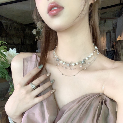 三层蝴蝶珍珠项链peachtea