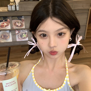 双层丝带蝴蝶结发夹甜美少女双马尾飘带头饰 纯欲芭蕾 蜜桃茶