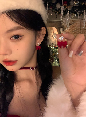 【蜜桃茶】红色新年丝绒蝴蝶结耳环女秋冬高级感新年耳钉耳夹耳饰