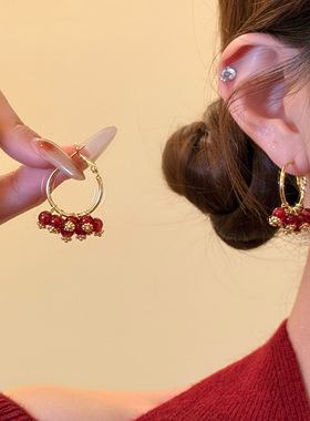 【蜜桃茶】浪漫巴尔曼 复古显白红色串珠耳圈圣诞新年穿搭耳饰女