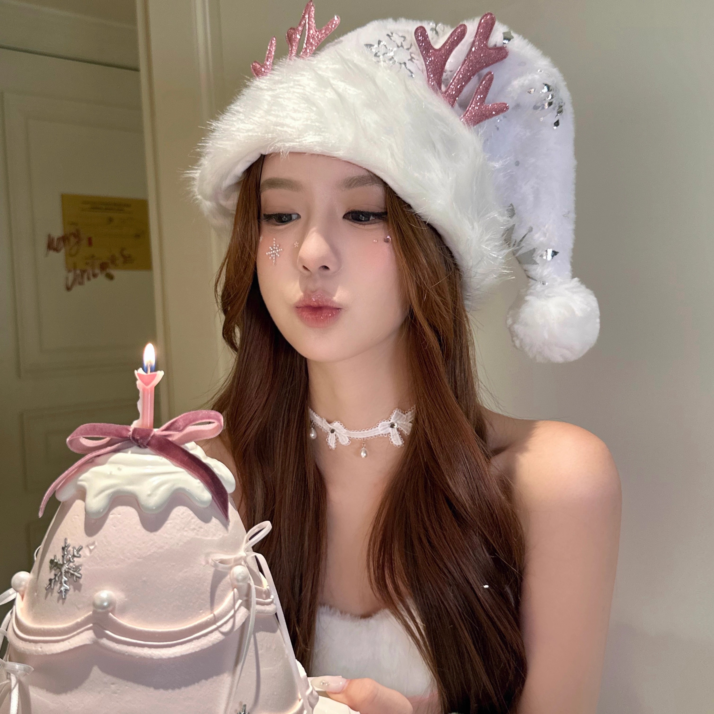 圣诞美神新款雪花粉鹿角圣诞帽