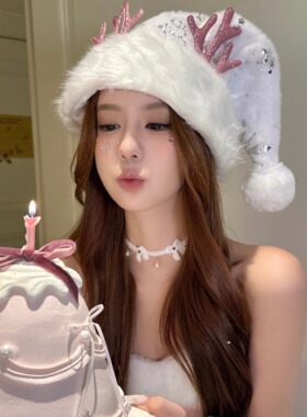 【蜜桃茶】圣诞美神 新款白色雪花鹿角圣诞帽子节日穿搭装扮头饰