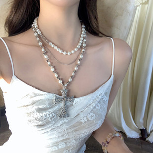 【蜜桃茶】巴洛克公主 重工珍珠十字架项链长款双层叠戴夸张颈链