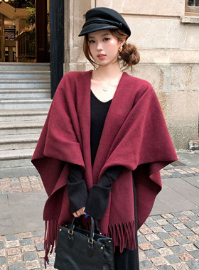 高智千金 秋季红色披风外套斗篷女冬外搭晚礼服新年保暖气质披肩