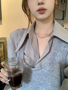 爆款 秋冬灰色珍珠项链毛衣链女2023新款 静奢欧尼 颈链 蜜桃茶