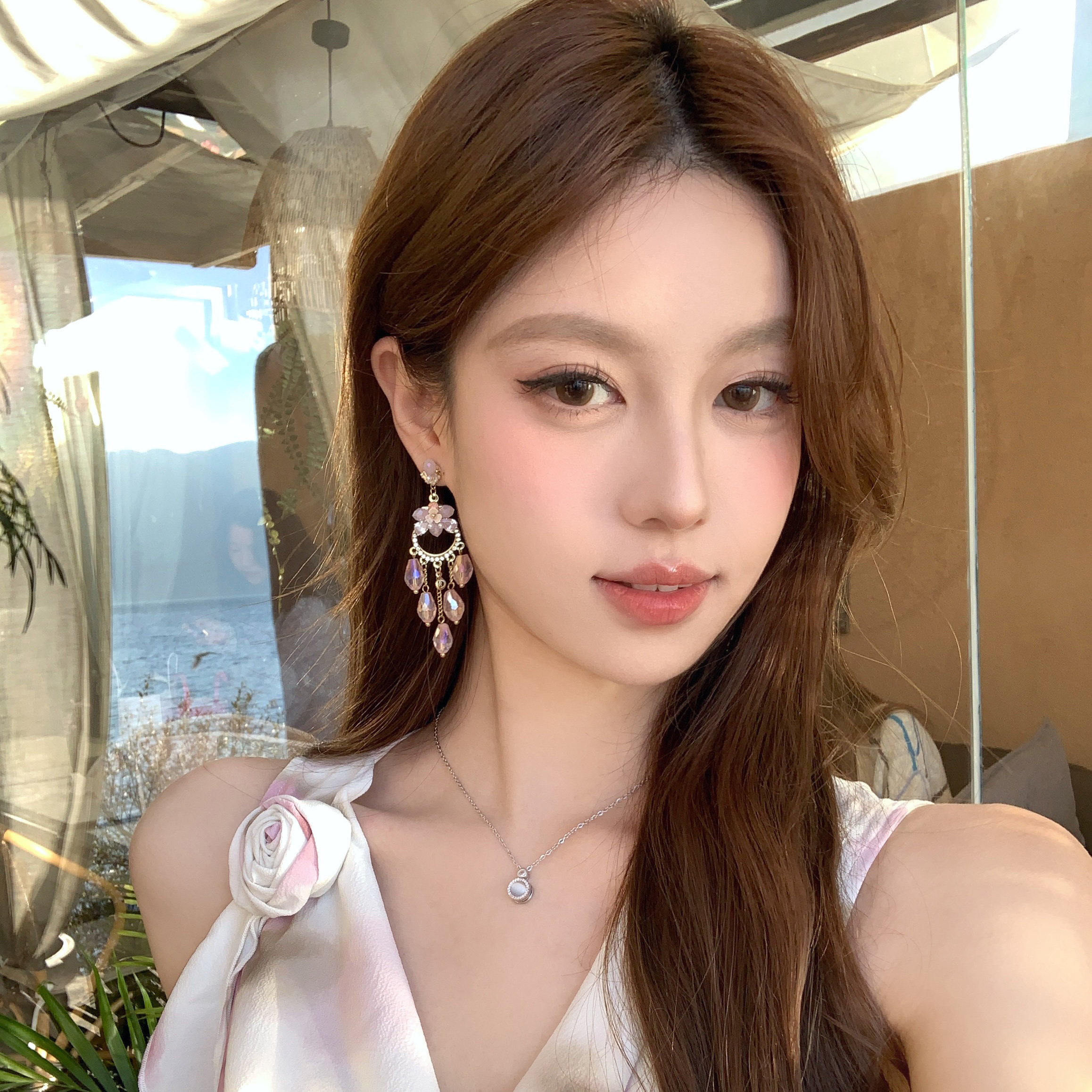【蜜桃茶】琉璃夢(mèng)境 波西米亞民族風(fēng)水晶吊墜耳環(huán)女度假海邊耳飾