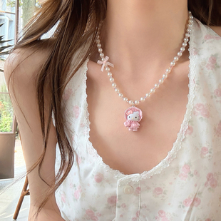 【蜜桃茶】babyKitty~粉色少女kt猫吊坠蝴蝶结珍珠项链公主风配饰