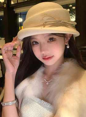 冬日玛德琳~白色蝴蝶结千金礼帽女冬季赫本风优雅气质羊毛渔夫帽
