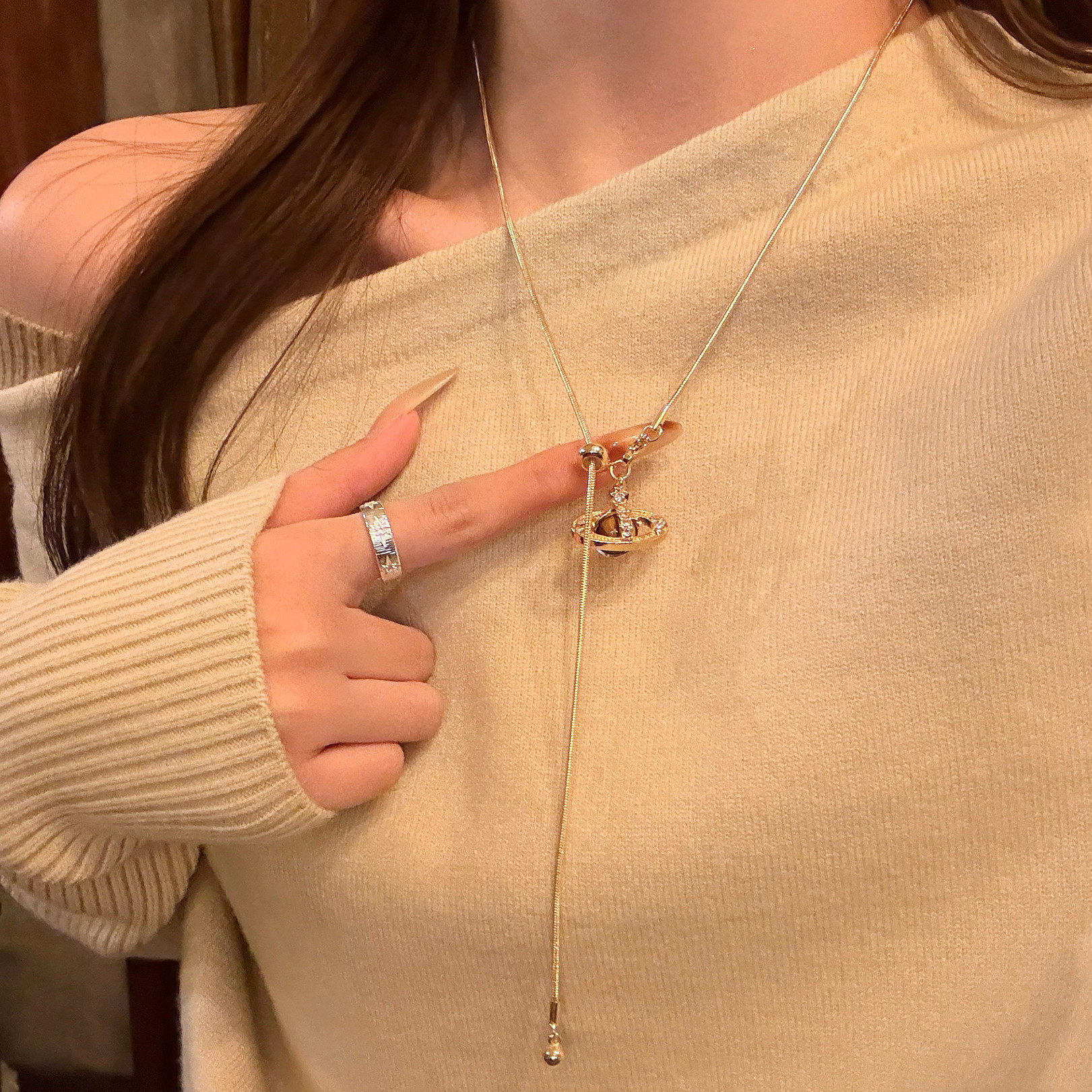 【蜜桃茶】焦糖深巧 虎眼石可抽拉式星球项链长款秋冬毛衣链配饰