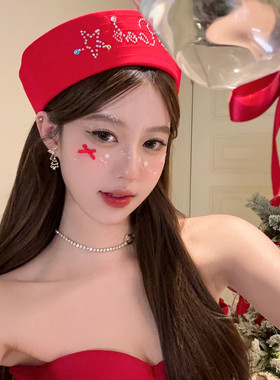 【蜜桃茶】圣诞恋歌~红色烫钻水手帽y2k千禧辣妹风海军帽拍照头饰