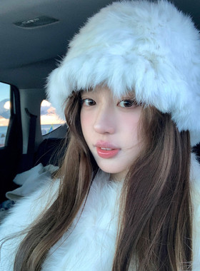 【蜜桃茶】冬季白色兔毛帽子女防寒保暖毛绒绒护耳针织毛线渔夫帽