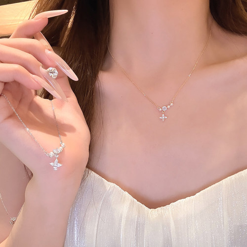 【蜜桃茶】精致diary 闪钻四芒星珍珠项链女小众设计高级感锁骨链