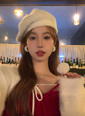 【蜜桃茶】冬日恋歌 简约白色毛毛耳圈女秋冬气质网红圣诞耳环女