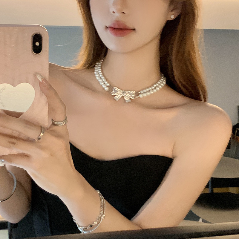 peachtea蝴蝶结双层珍珠项链图片