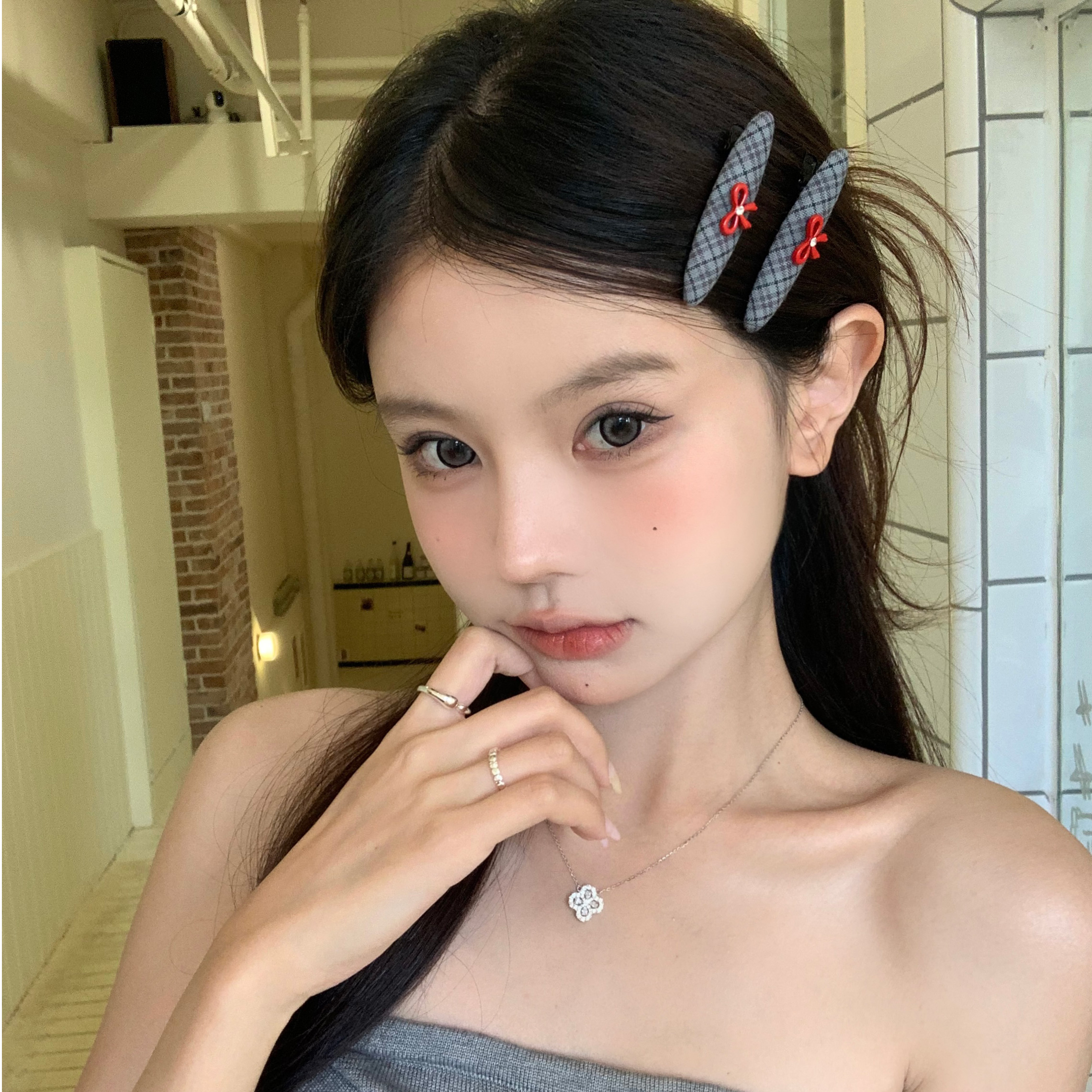 格雷少女蝴蝶结格纹发夹