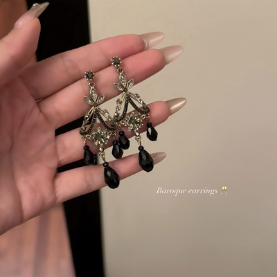 【蜜桃茶】华丽女主 复古宫廷风黑钻流苏耳环暗黑高级感耳饰配饰