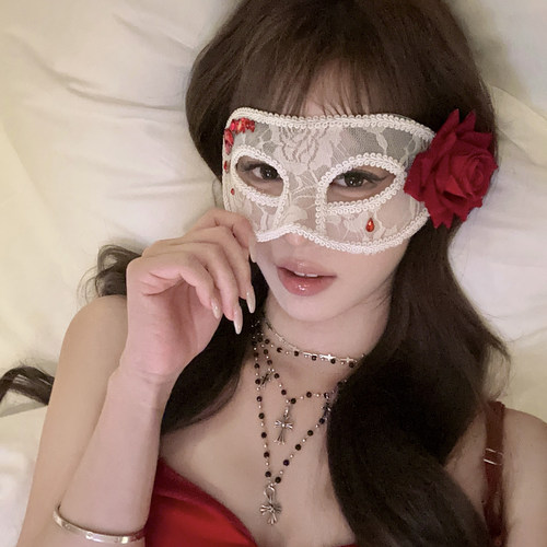 血色魅影万圣节玫瑰花蕾丝面具