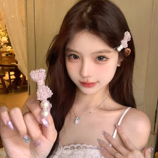 【蜜桃茶】甜梦少女 粉色蝴蝶结珍珠发夹甜美侧边刘海小夹子发卡